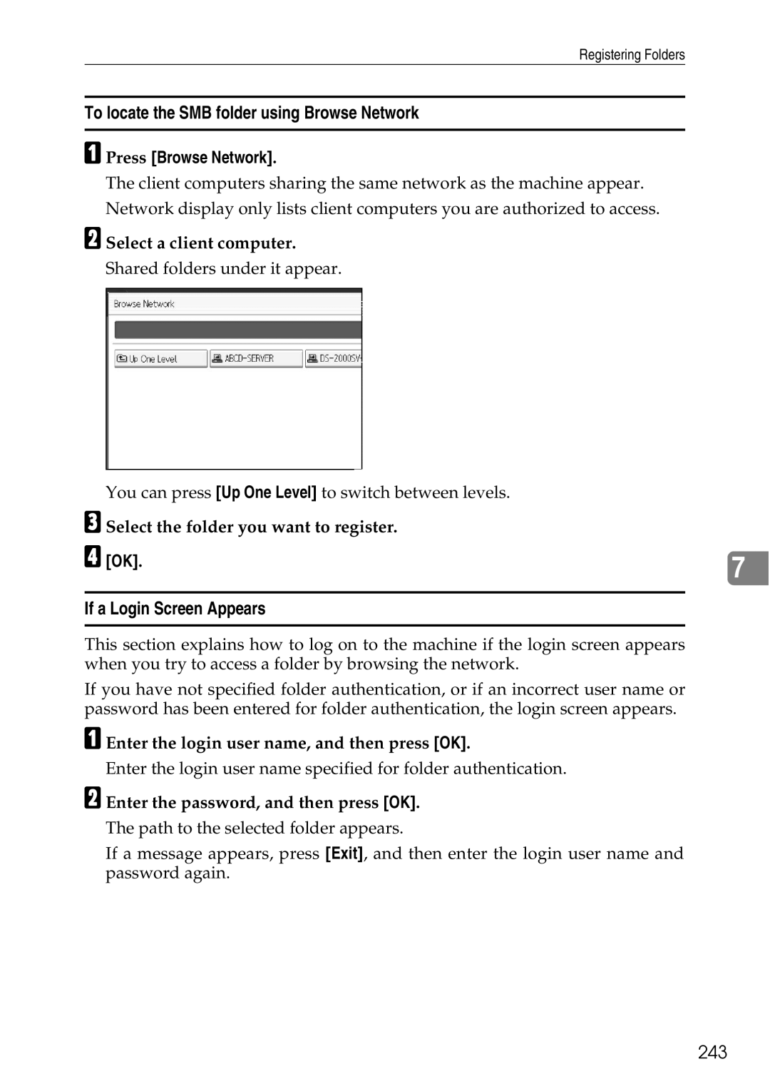 Ricoh LD435c To locate the SMB folder using Browse Network, If a Login Screen Appears, 243, Press Browse Network 