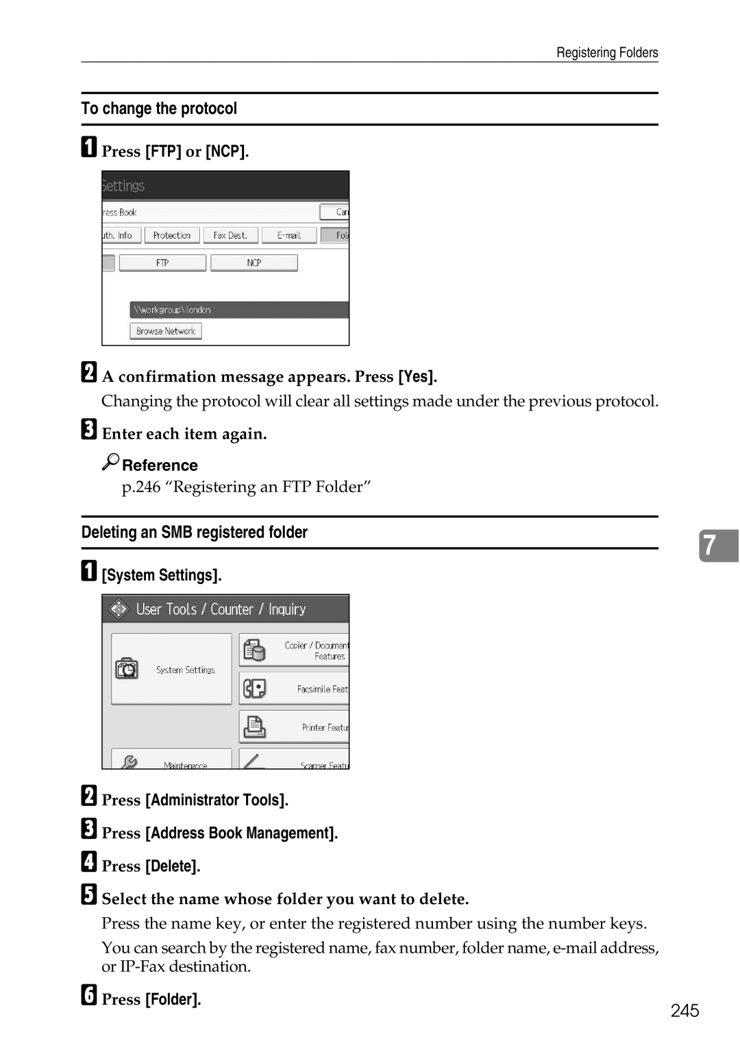 Ricoh LD435c operating instructions To change the protocol, Deleting an SMB registered folder, 245, Press FTP or NCP 