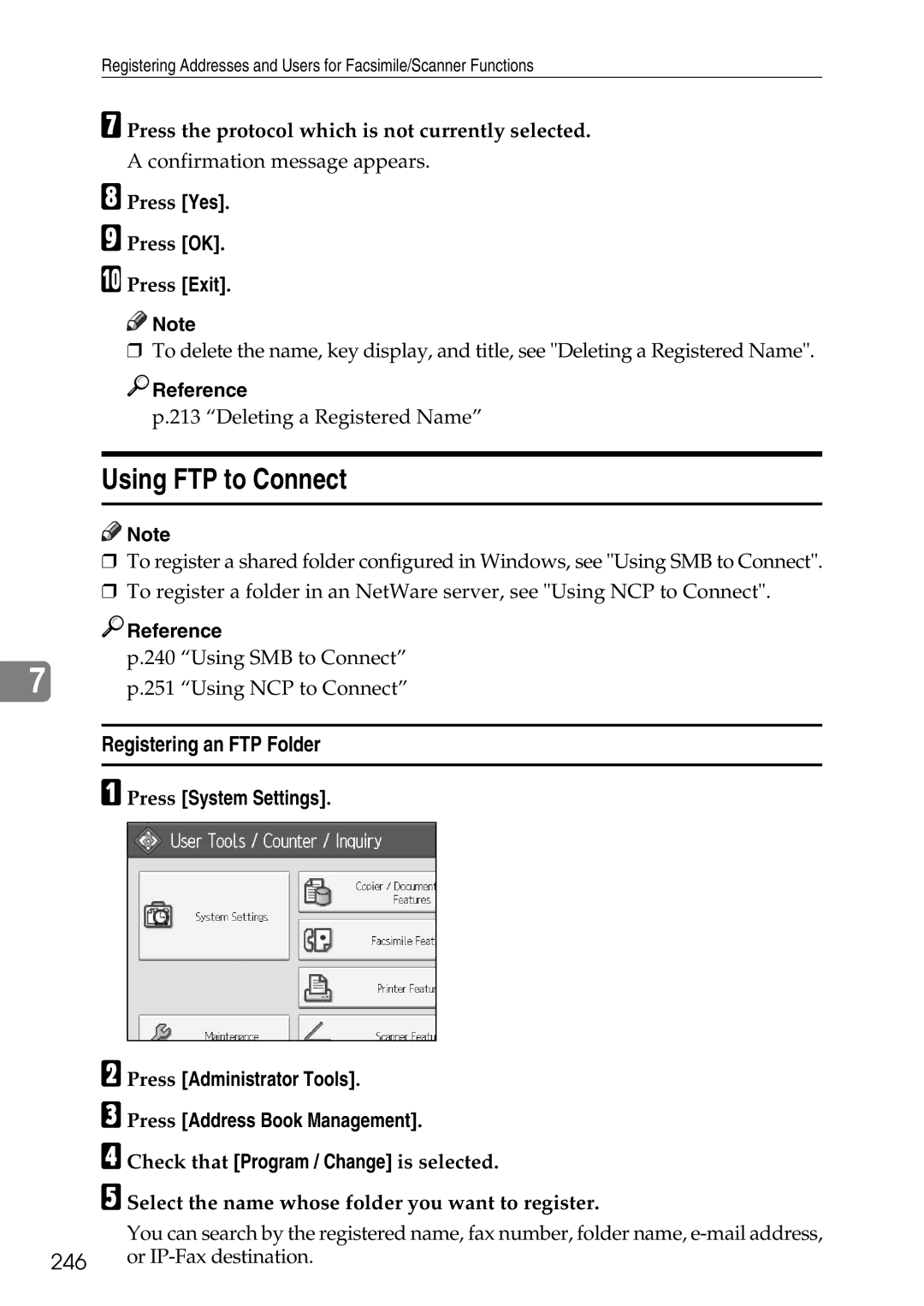 Ricoh LD435c Using FTP to Connect, Registering an FTP Folder, Press the protocol which is not currently selected 