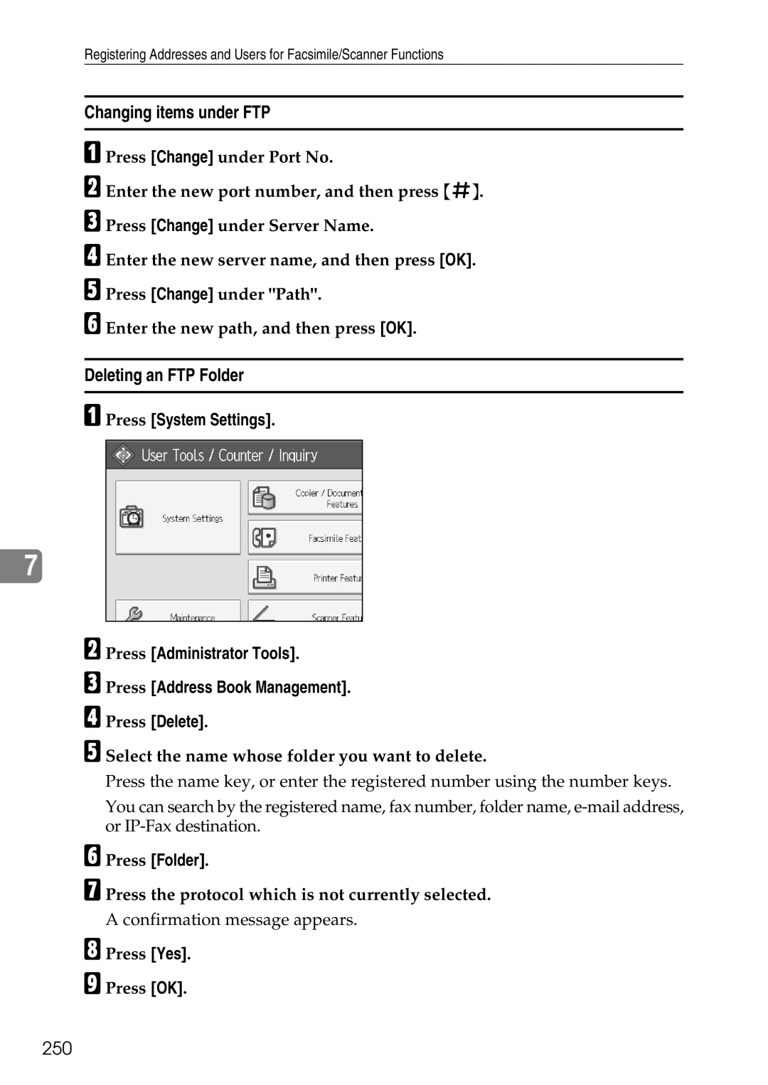 Ricoh LD435c operating instructions Changing items under FTP, Deleting an FTP Folder, 250, Press Yes Press OK 