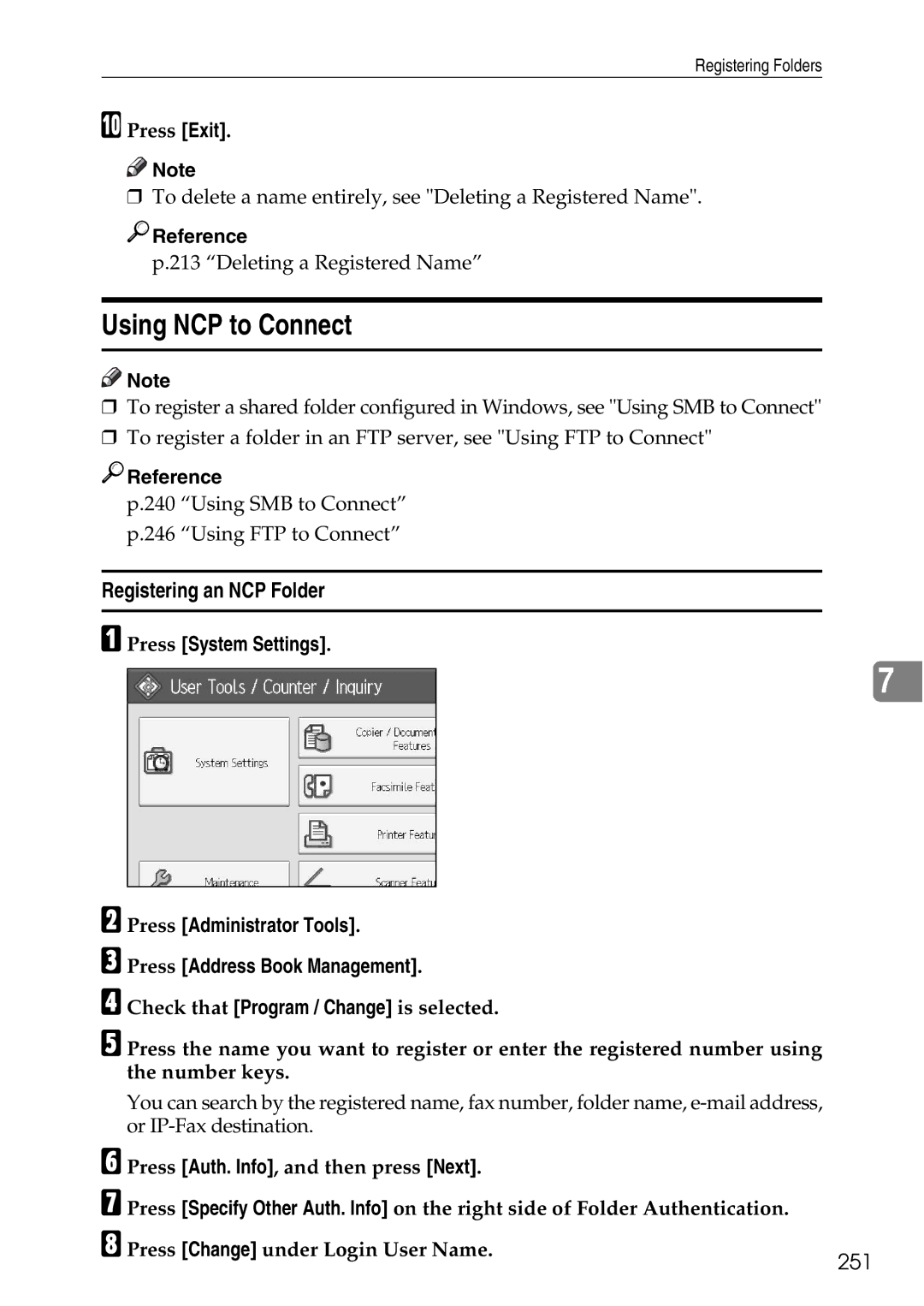 Ricoh LD435c operating instructions Using NCP to Connect, Registering an NCP Folder, 251 