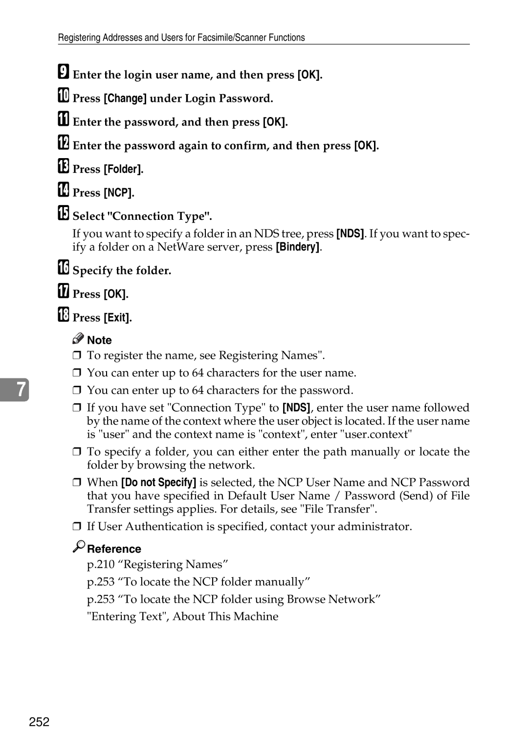 Ricoh LD435c operating instructions 252, Press NCP Select Connection Type, Specify the folder Press OK Press Exit 