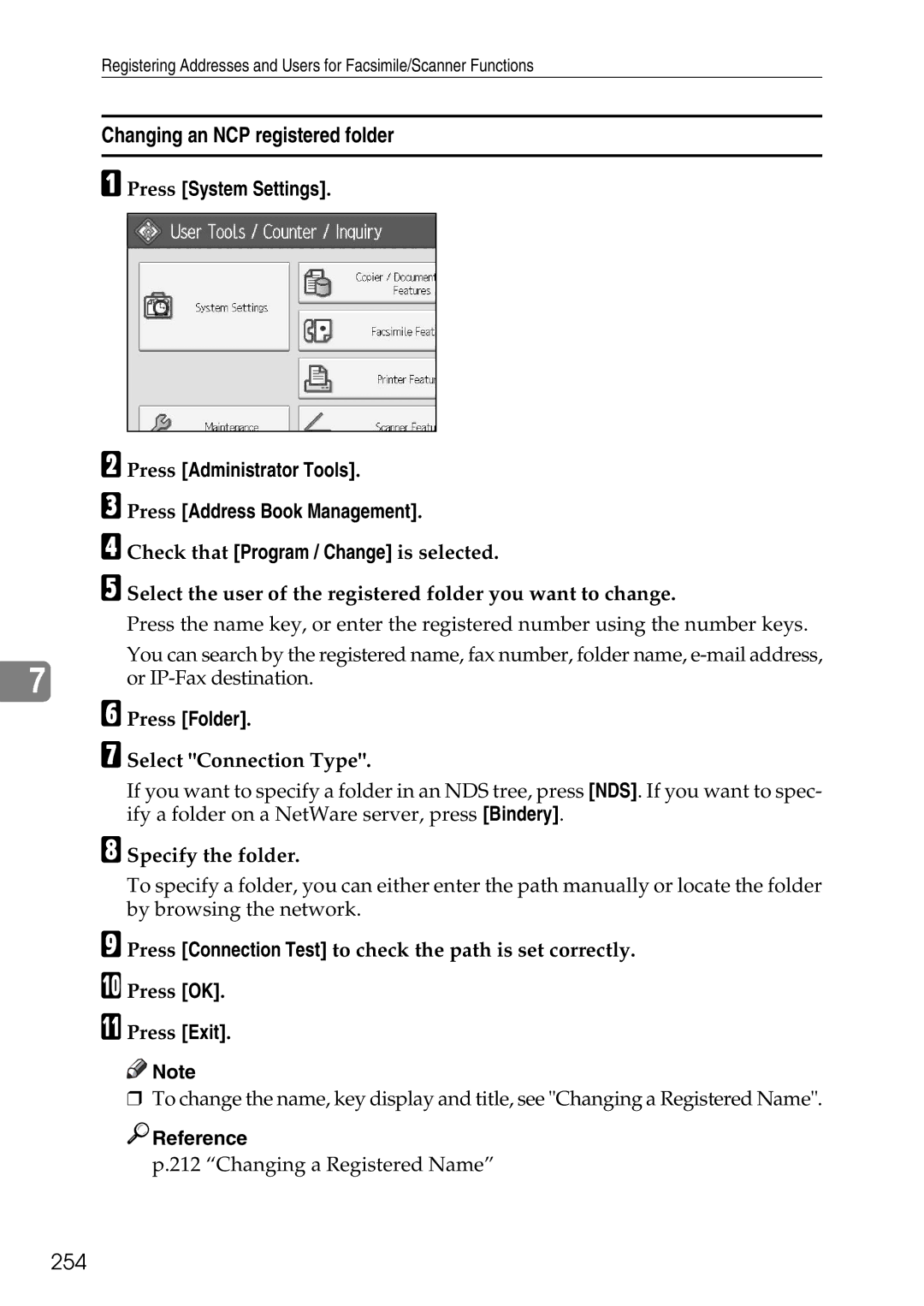 Ricoh LD435c operating instructions Changing an NCP registered folder, 254, Specify the folder 