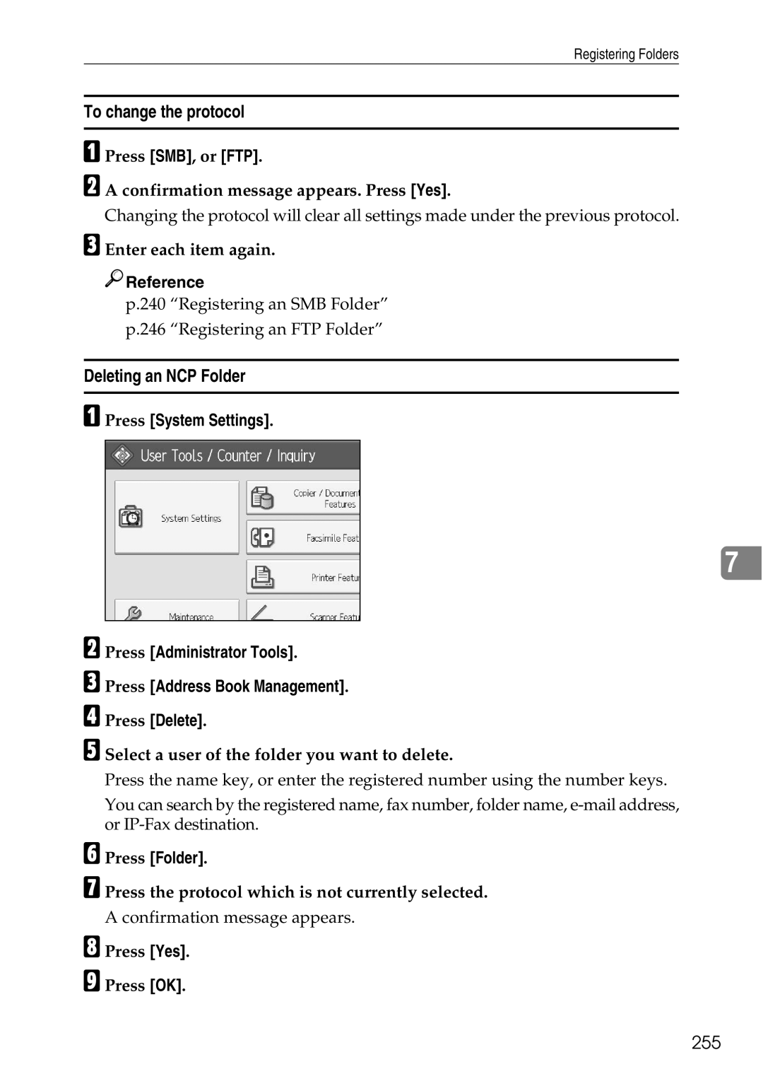 Ricoh LD435c operating instructions Deleting an NCP Folder, 255, Press SMB, or FTP Confirmation message appears. Press Yes 