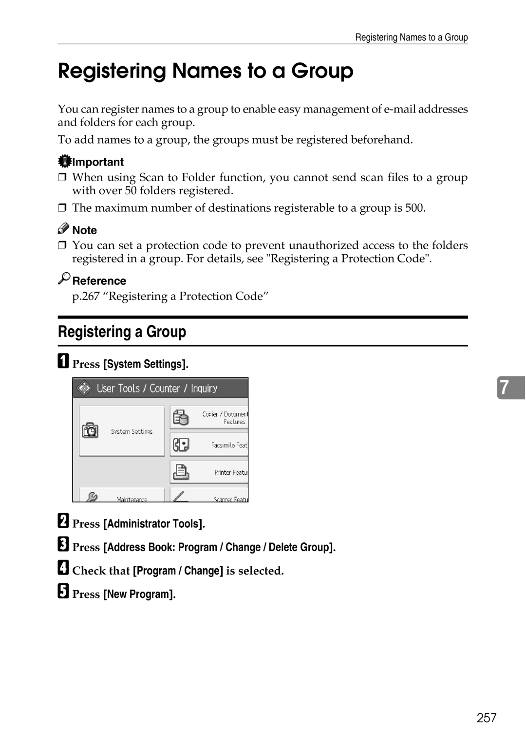 Ricoh LD435c operating instructions Registering Names to a Group, Registering a Group, 257 