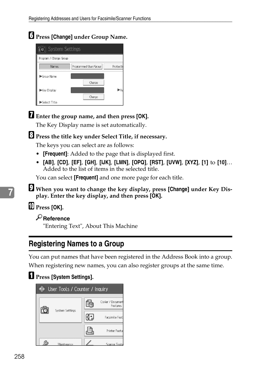 Ricoh LD435c operating instructions Registering Names to a Group, 258, Press the title key under Select Title, if necessary 