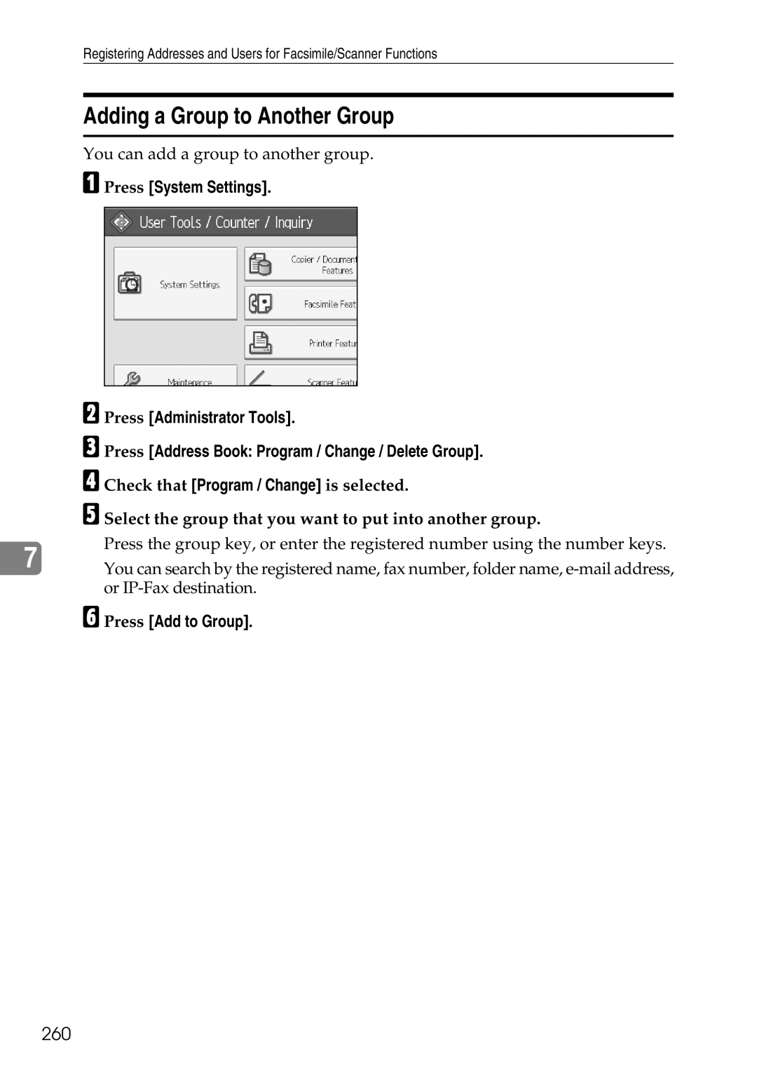 Ricoh LD435c operating instructions Adding a Group to Another Group, 260 