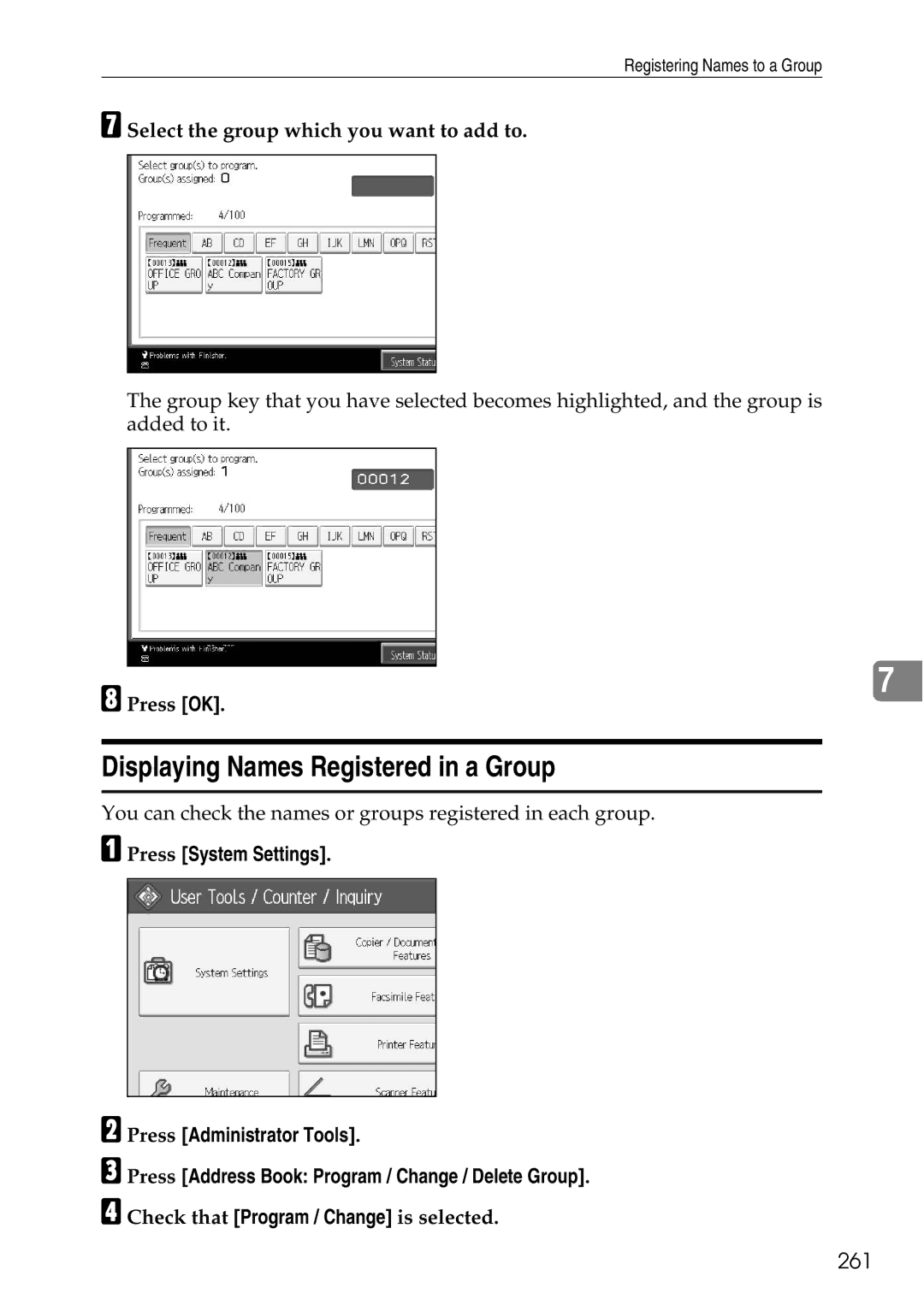 Ricoh LD435c operating instructions Displaying Names Registered in a Group, 261, Select the group which you want to add to 