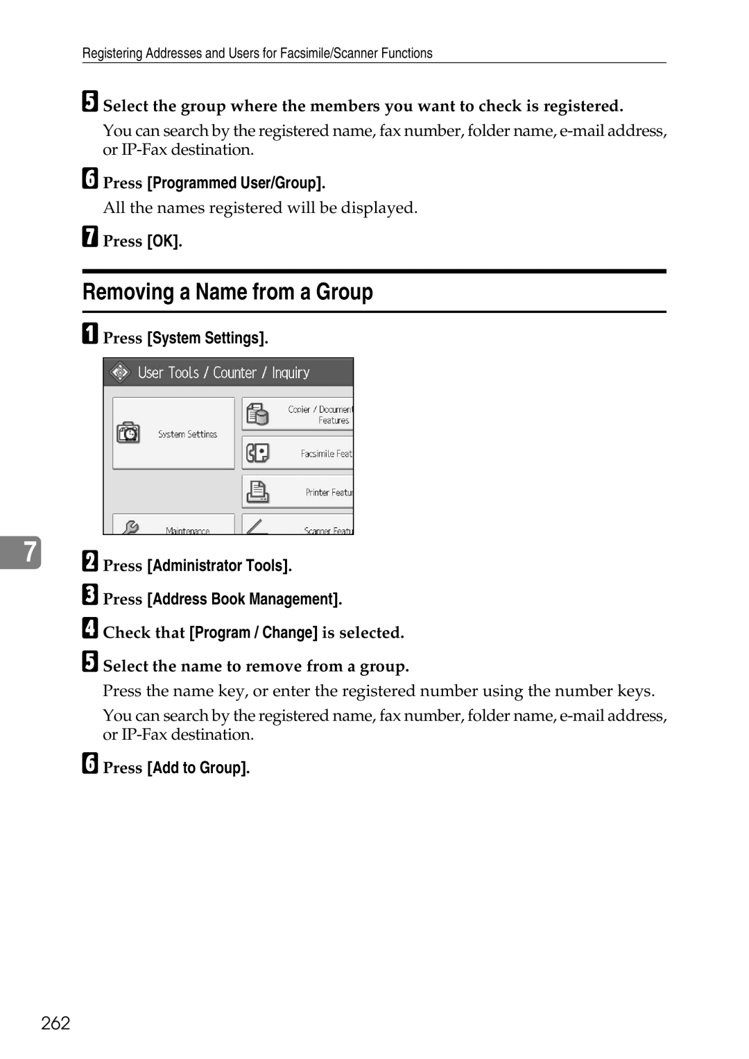 Ricoh LD435c operating instructions Removing a Name from a Group, 262, Press Programmed User/Group 