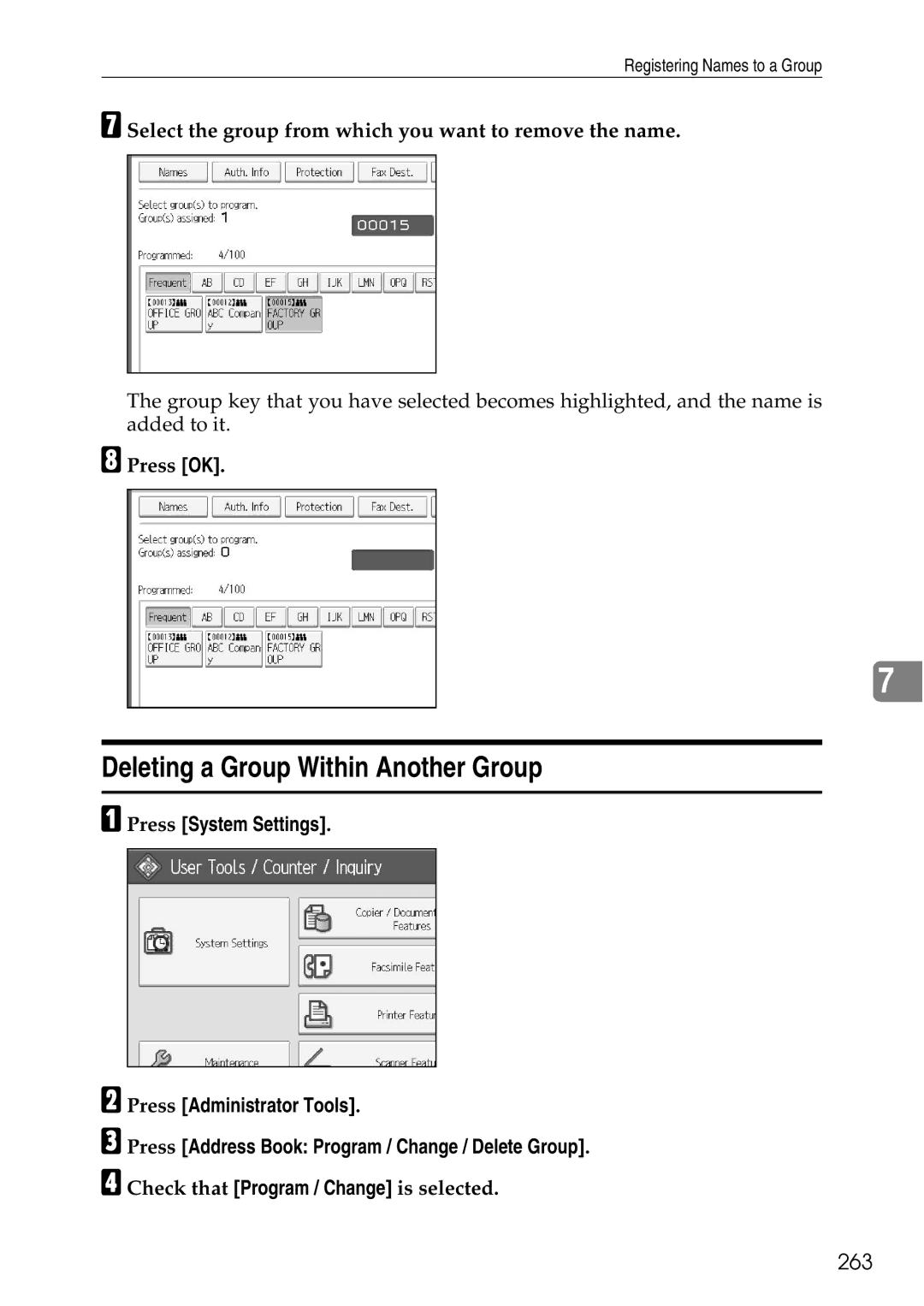 Ricoh LD435c Deleting a Group Within Another Group, 263, Select the group from which you want to remove the name 