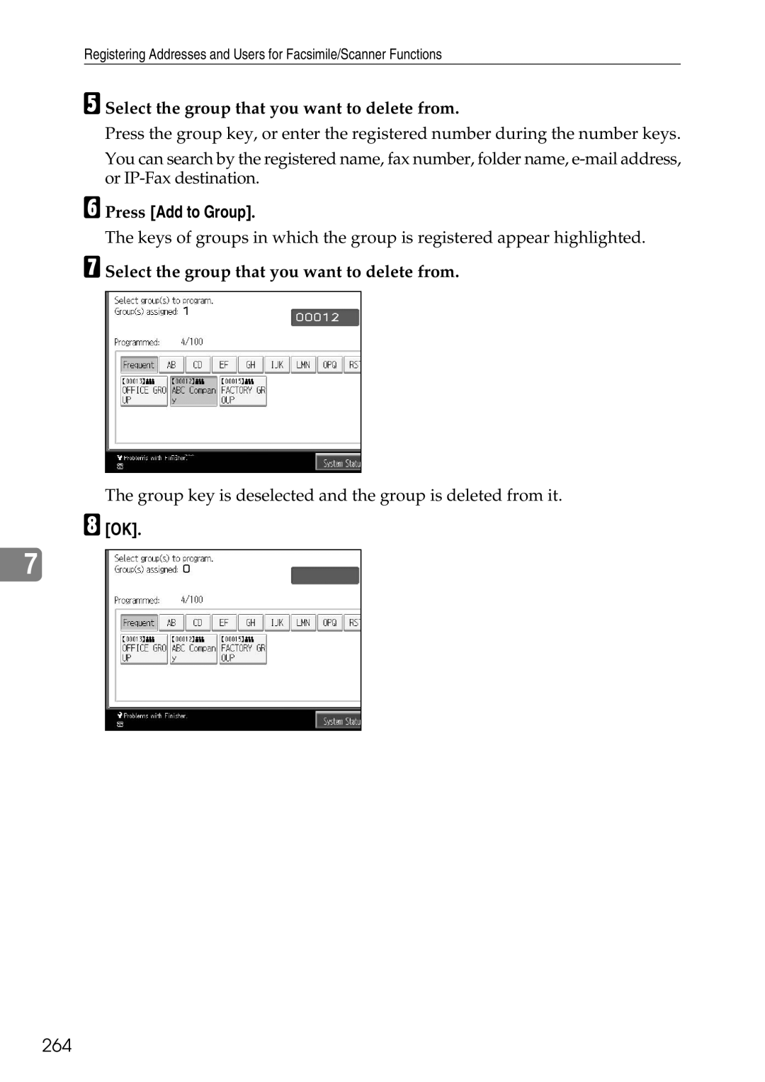 Ricoh LD435c operating instructions 264, Select the group that you want to delete from 