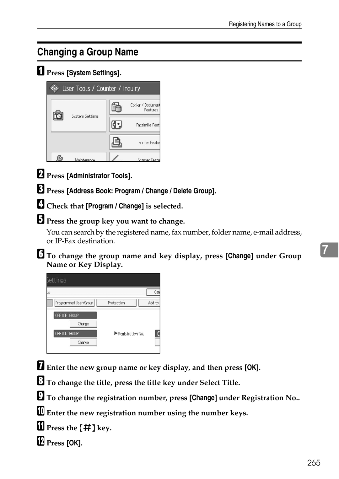 Ricoh LD435c operating instructions Changing a Group Name, 265, Press the group key you want to change 