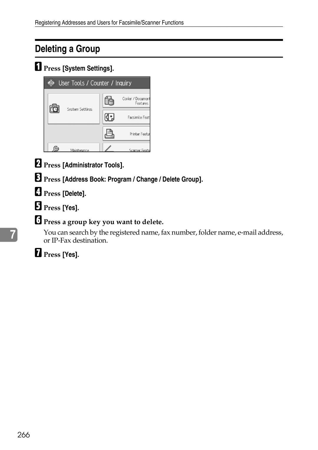 Ricoh LD435c operating instructions Deleting a Group, 266, Press Yes Press a group key you want to delete 