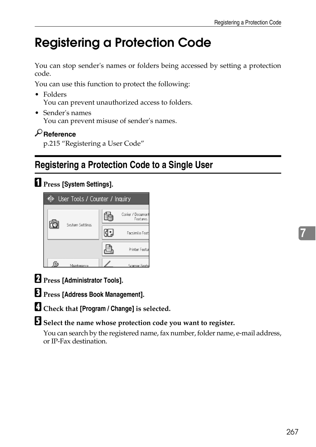 Ricoh LD435c operating instructions Registering a Protection Code to a Single User, 267 