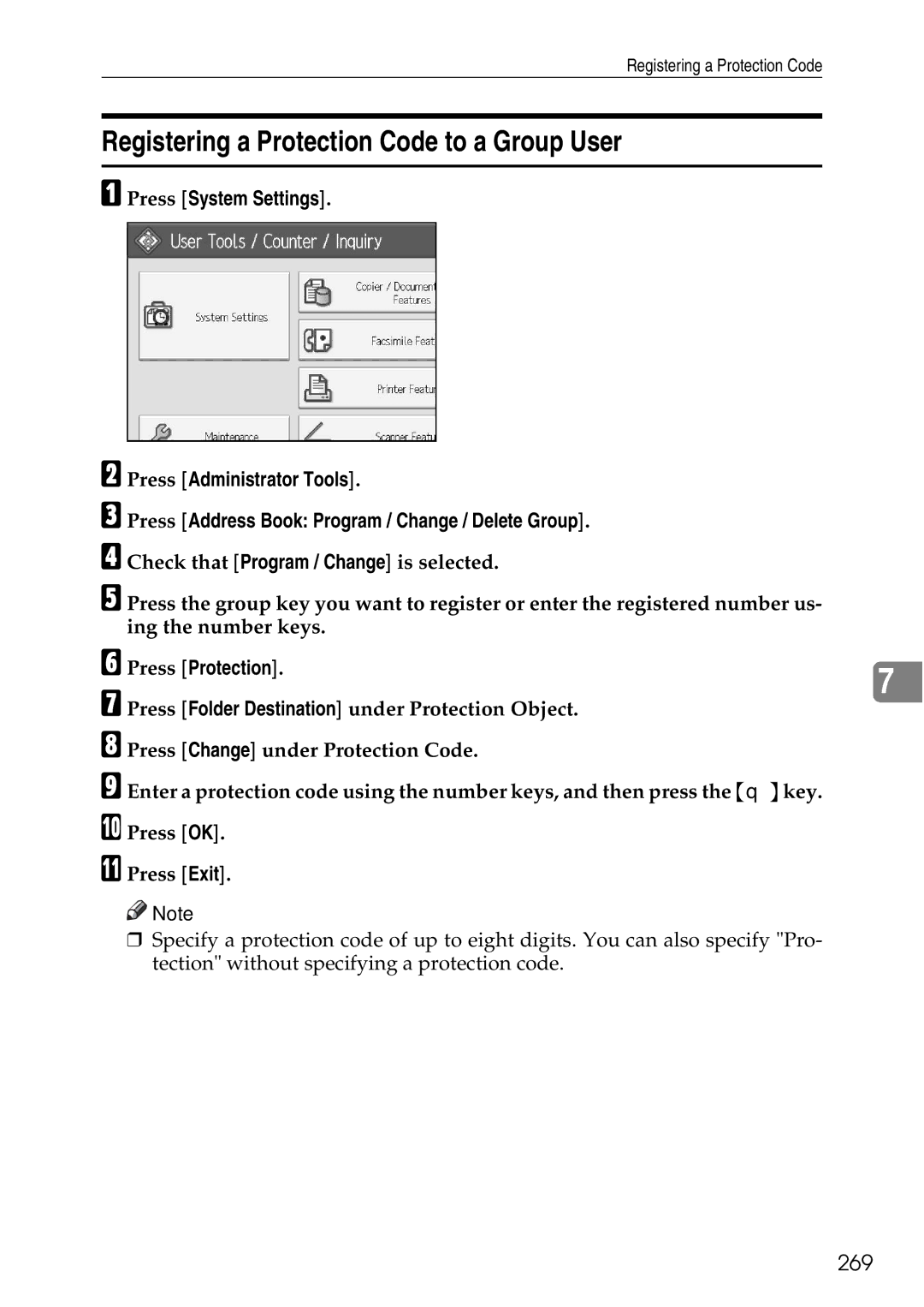 Ricoh LD435c Registering a Protection Code to a Group User, 269, Press Folder Destination under Protection Object 