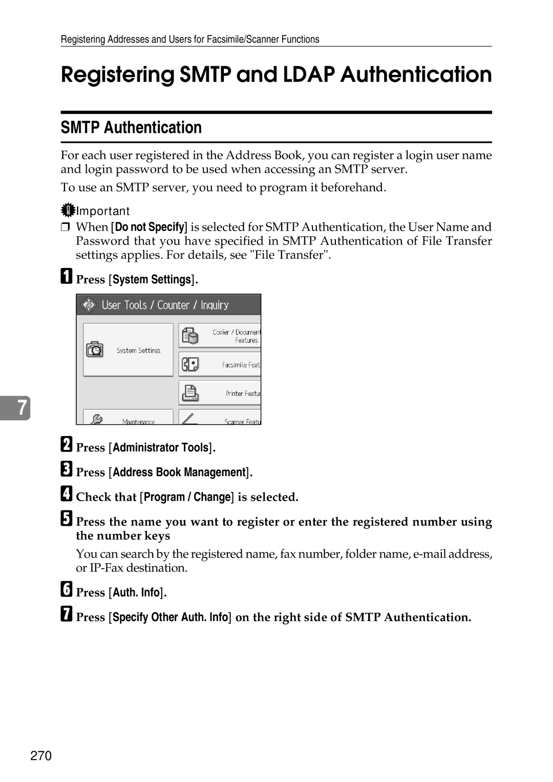 Ricoh LD435c operating instructions Registering Smtp and Ldap Authentication, Smtp Authentication, 270 