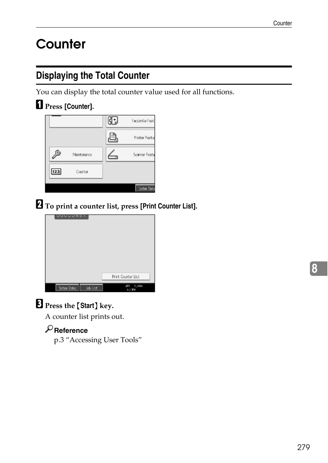 Ricoh LD435c operating instructions Displaying the Total Counter, 279, Press Counter 