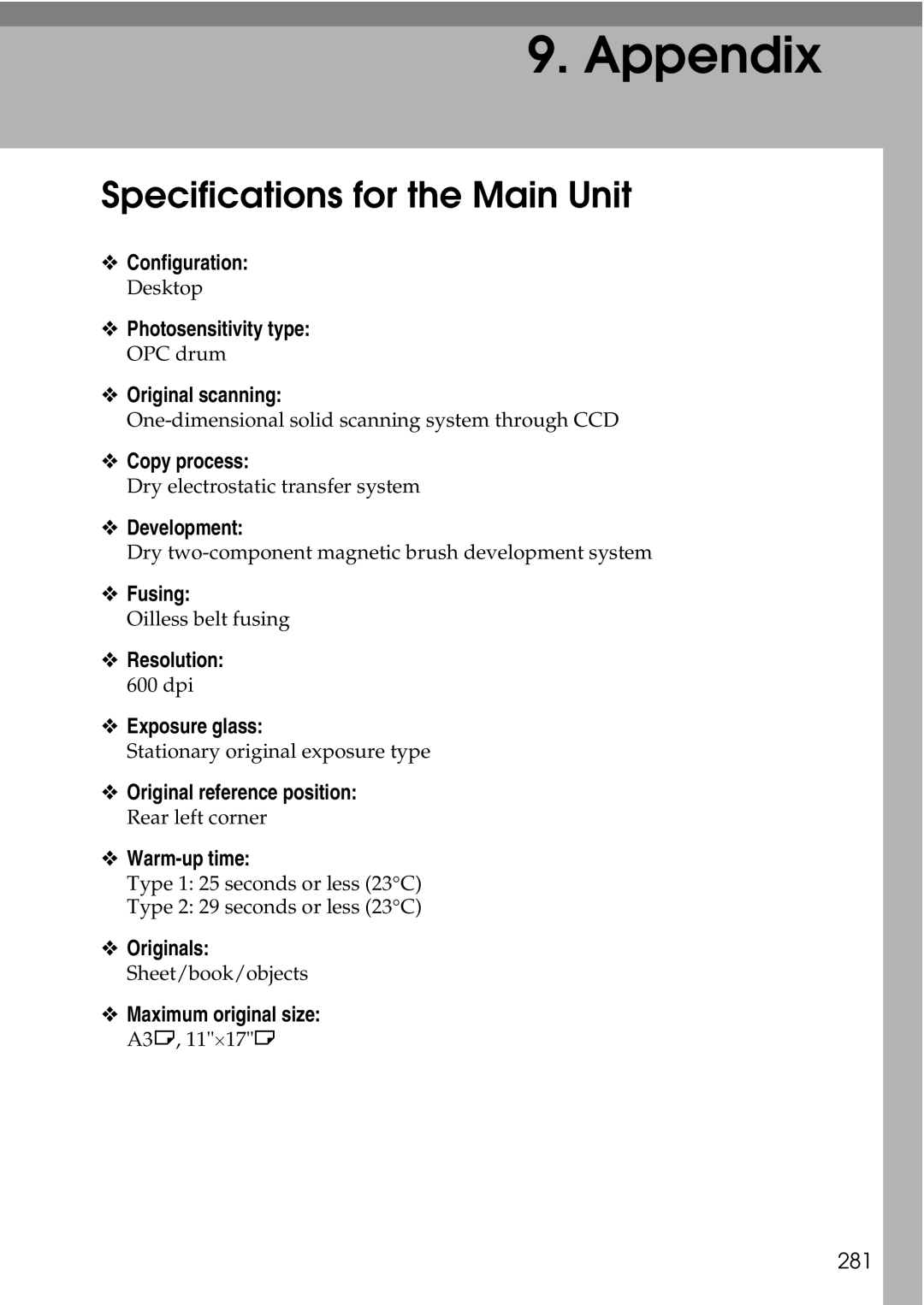 Ricoh LD435c operating instructions Specifications for the Main Unit 