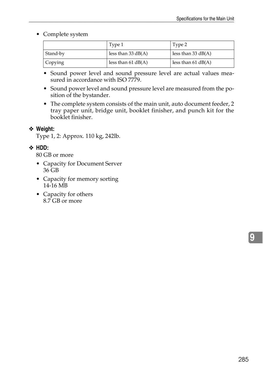 Ricoh LD435c operating instructions Weight, Hdd, 285 