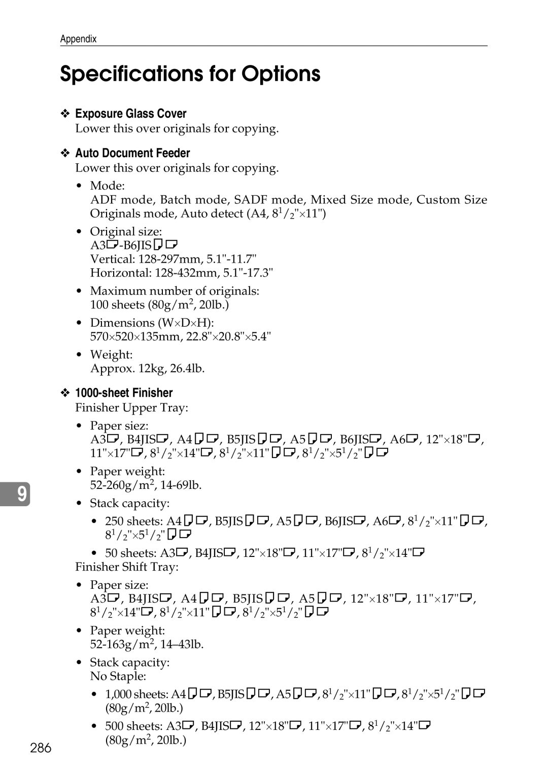 Ricoh LD435c Specifications for Options, Exposure Glass Cover, Auto Document Feeder, Sheet Finisher, 286 