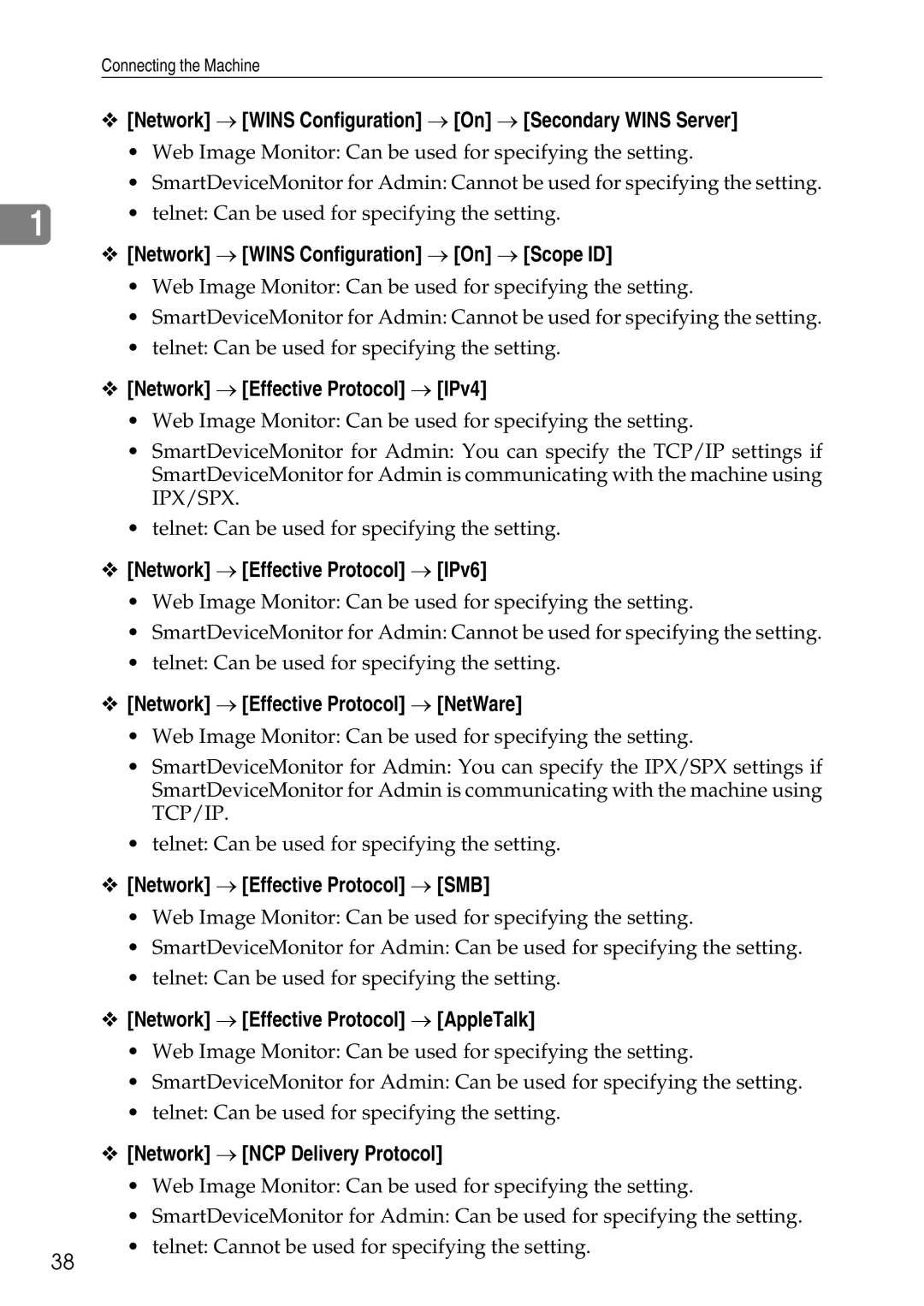 Ricoh LD435c Network → Wins Configuration → On → Secondary Wins Server, Network → Wins Configuration → On → Scope ID 