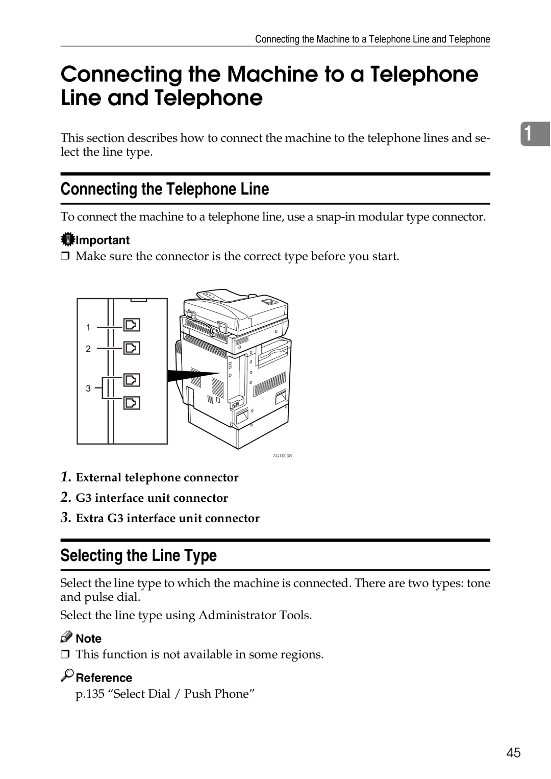 Ricoh LD435c operating instructions Connecting the Machine to a Telephone Line and Telephone, Connecting the Telephone Line 