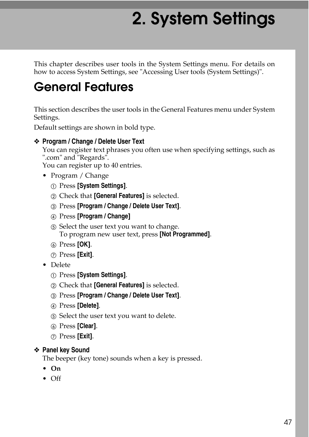 Ricoh LD435c operating instructions General Features, Program / Change / Delete User Text, Panel key Sound 