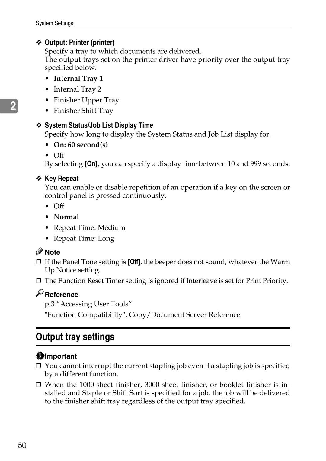 Ricoh LD435c Output tray settings, Output Printer printer, System Status/Job List Display Time, Key Repeat 