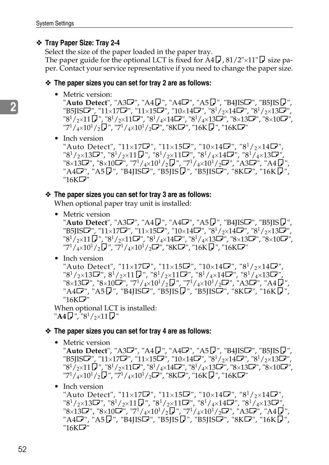 Ricoh LD435c operating instructions Tray Paper Size Tray, Paper sizes you can set for tray 2 are as follows 