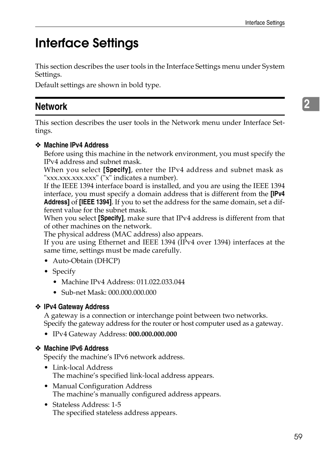 Ricoh LD435c Interface Settings, Network, Machine IPv4 Address, IPv4 Gateway Address, Machine IPv6 Address 