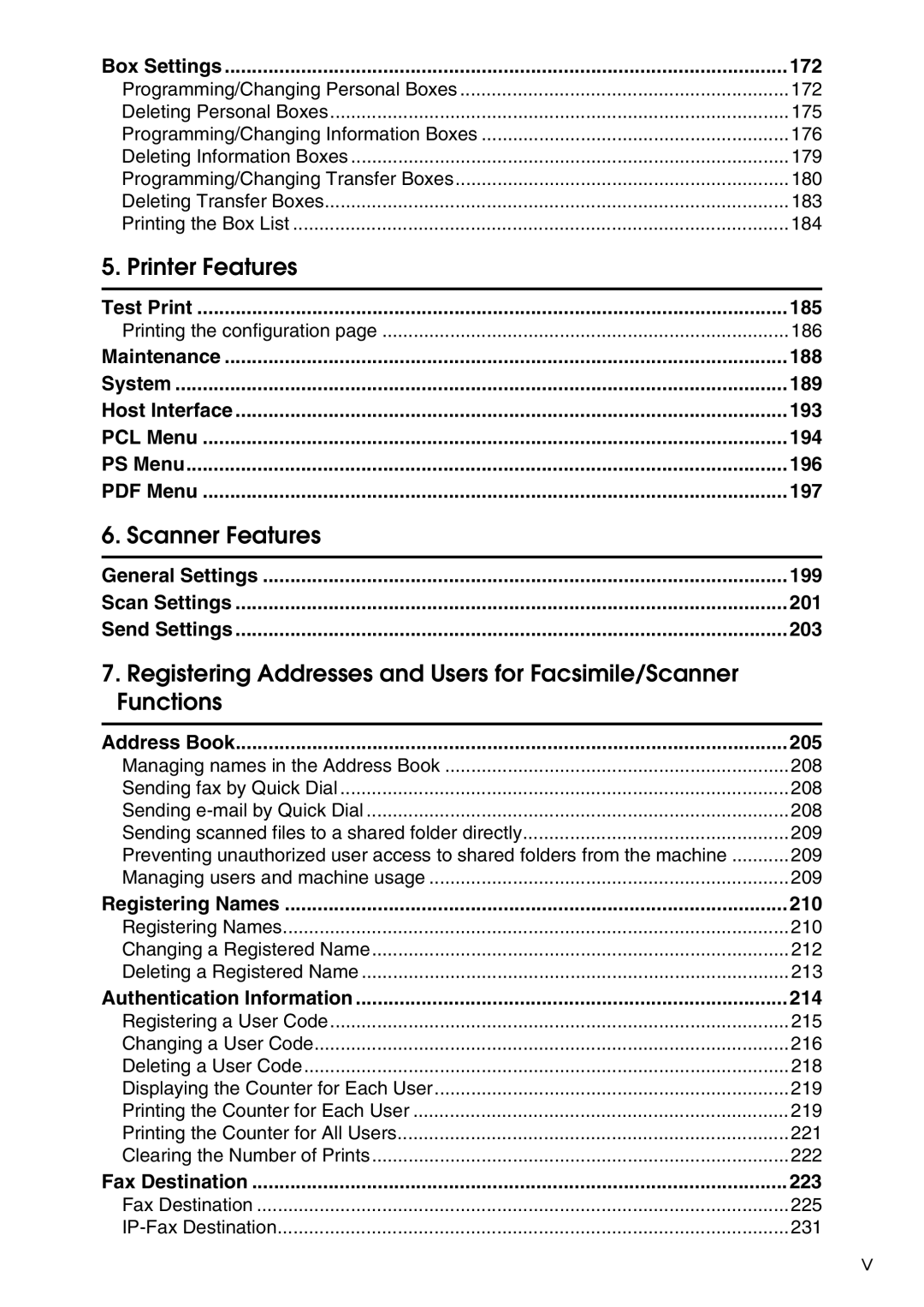 Ricoh LD435c Box Settings 172, Test Print 185, General Settings 199 Scan Settings 201 Send Settings 203, Address Book 205 