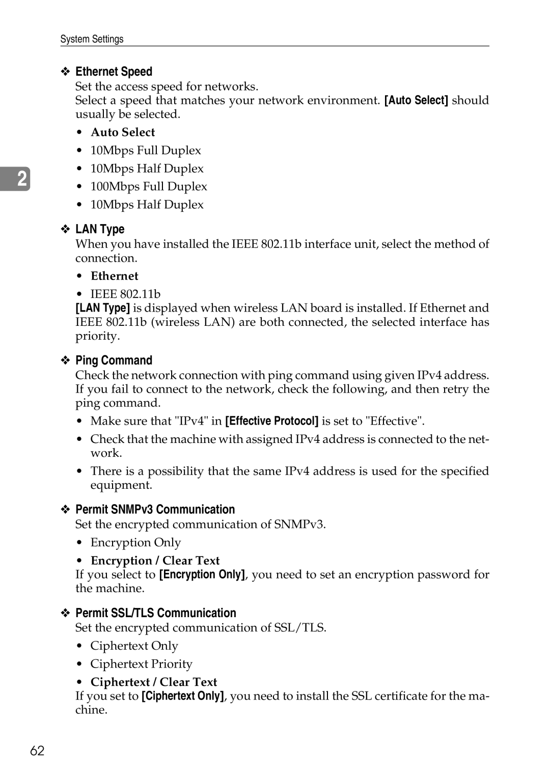 Ricoh LD435c Ethernet Speed, LAN Type, Ping Command, Permit SNMPv3 Communication, Permit SSL/TLS Communication 