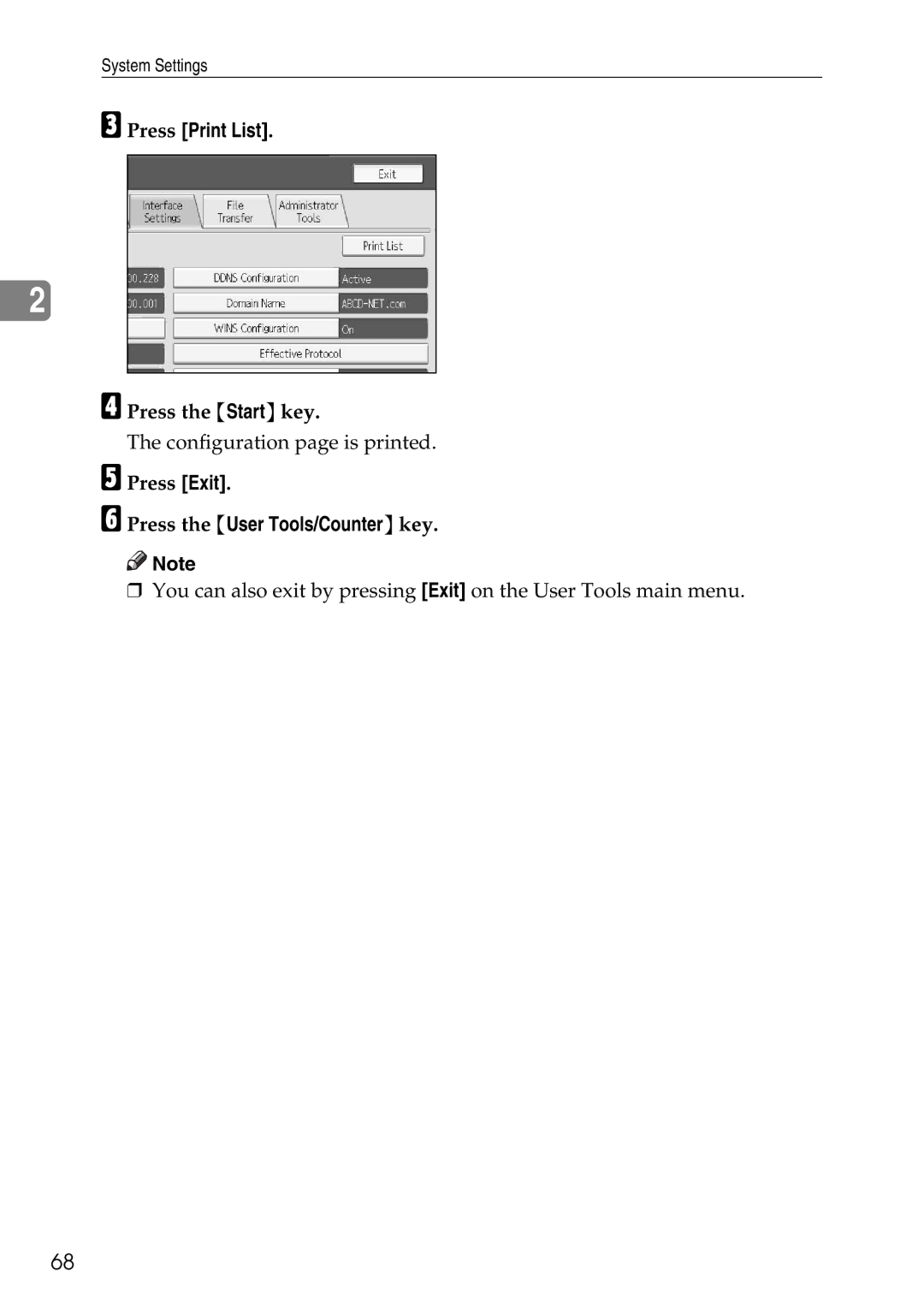 Ricoh LD435c operating instructions Press Print List, Press the Start key, Press Exit 