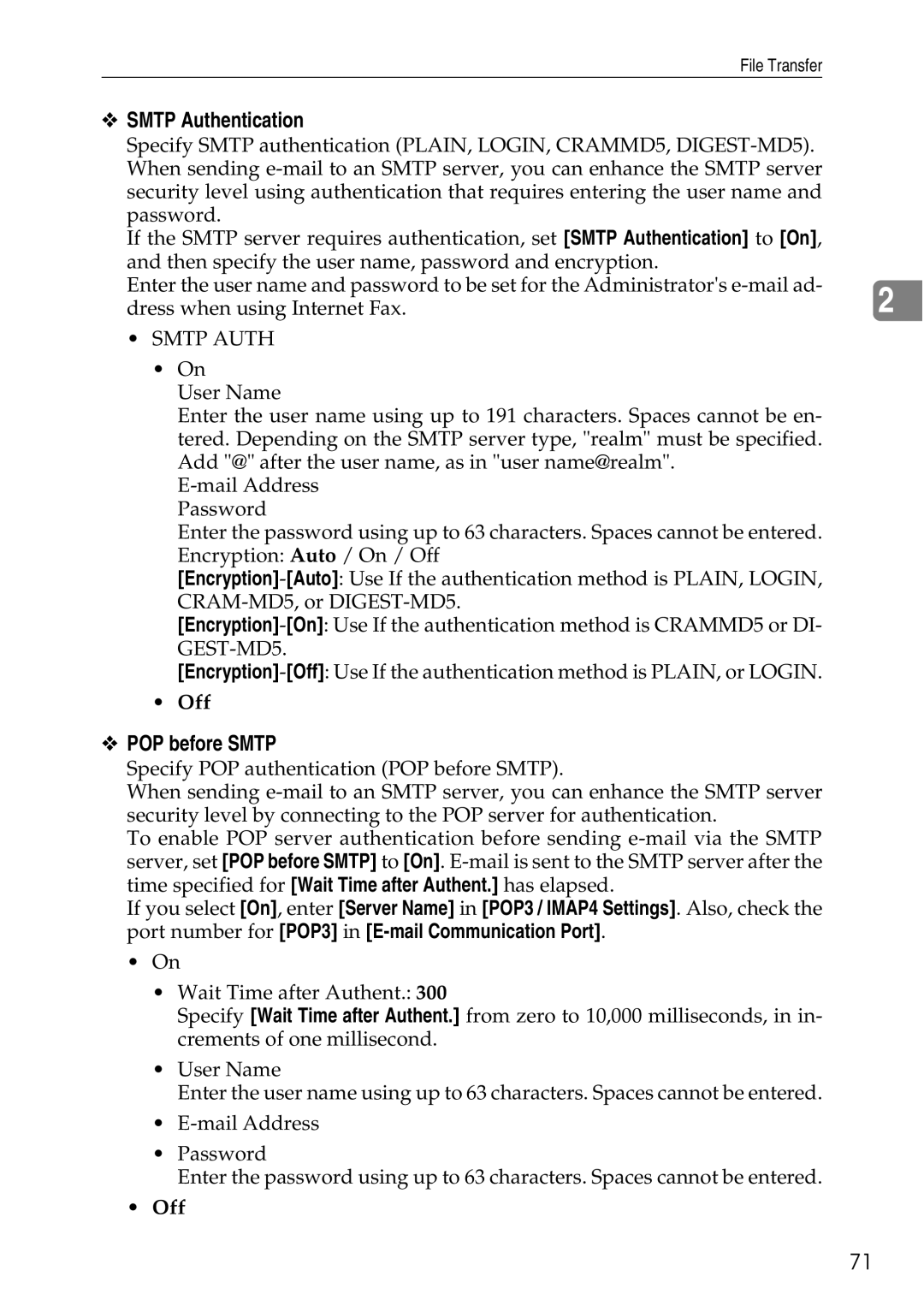 Ricoh LD435c operating instructions Smtp Authentication, POP before Smtp 