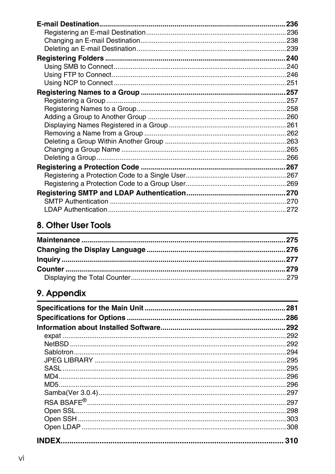 Ricoh LD435c Mail Destination 236, Registering Folders 240, Registering Names to a Group 257, 267, 310 