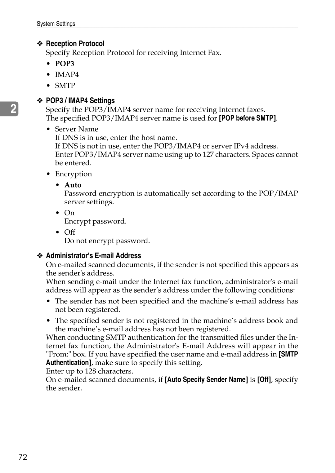 Ricoh LD435c operating instructions Reception Protocol, POP3 / IMAP4 Settings, Administrators E-mail Address, Auto 