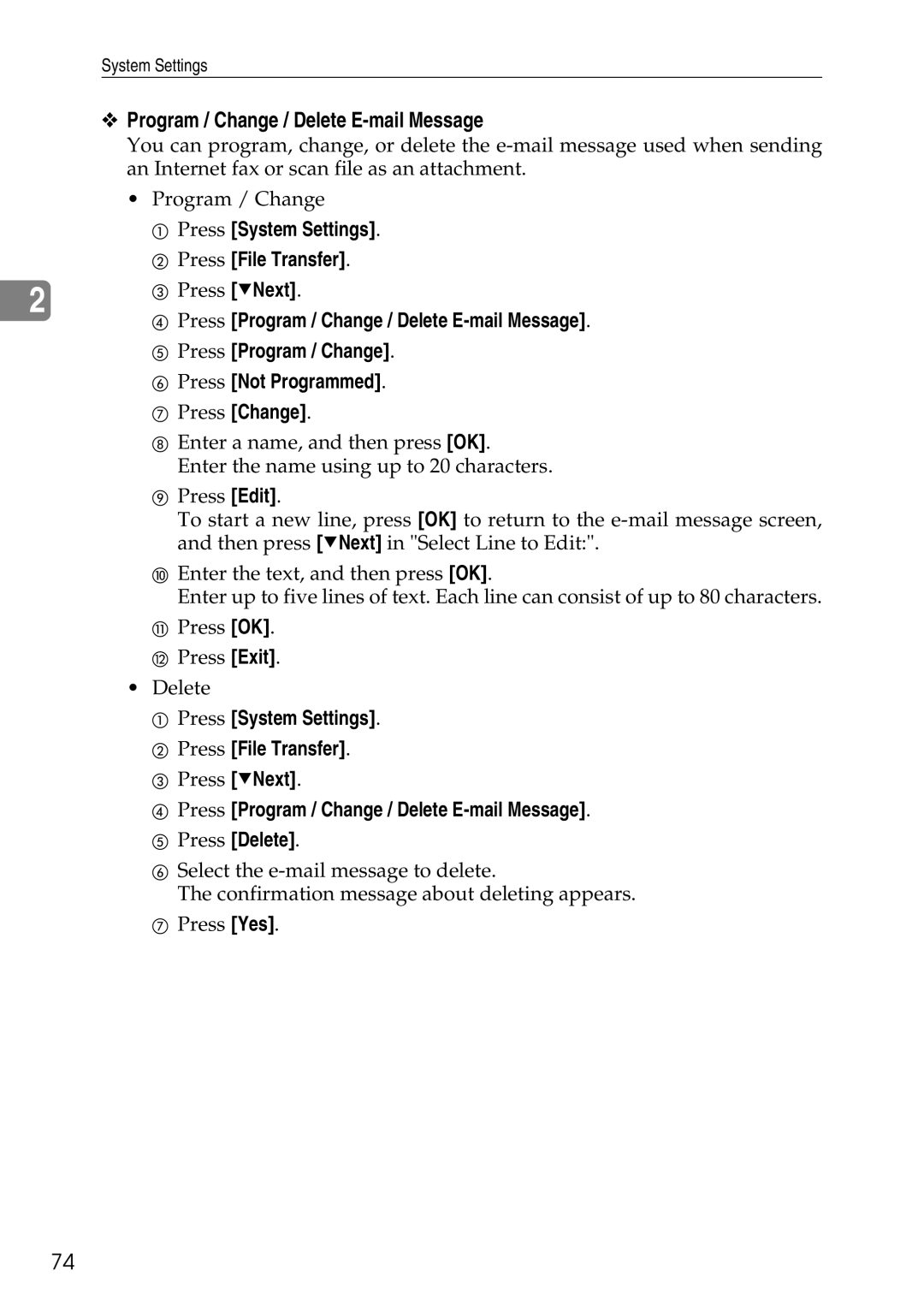 Ricoh LD435c operating instructions Program / Change / Delete E-mail Message, Press System Settings Press File Transfer 