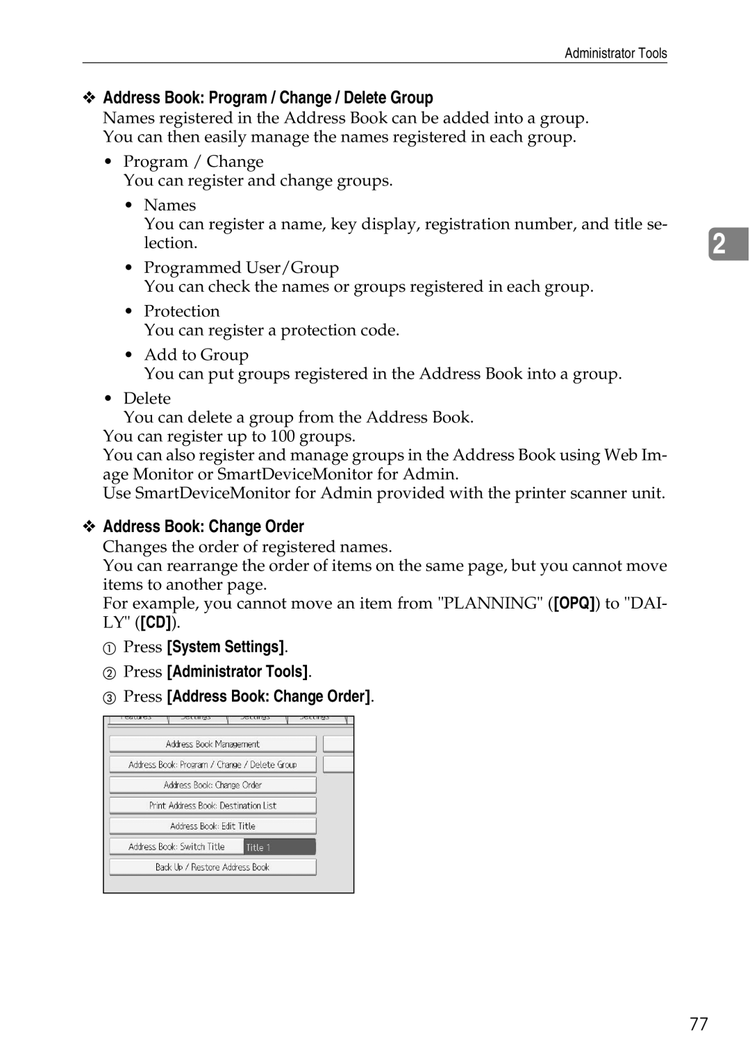 Ricoh LD435c operating instructions Address Book Program / Change / Delete Group, Address Book Change Order 