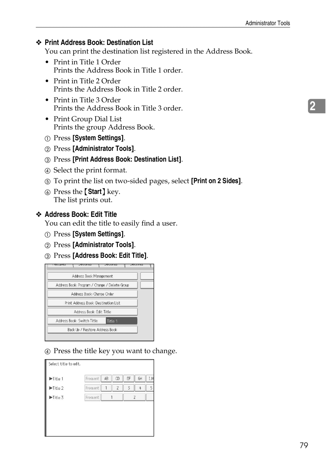 Ricoh LD435c operating instructions Print Address Book Destination List, Address Book Edit Title 