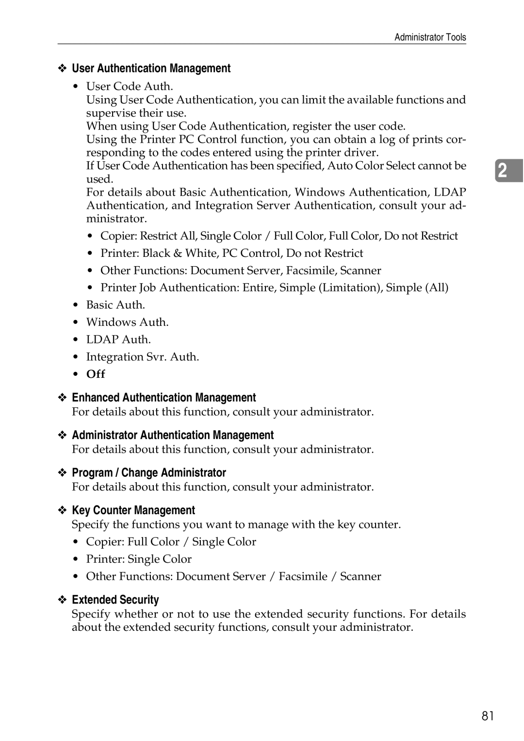 Ricoh LD435c User Authentication Management, Enhanced Authentication Management, Administrator Authentication Management 