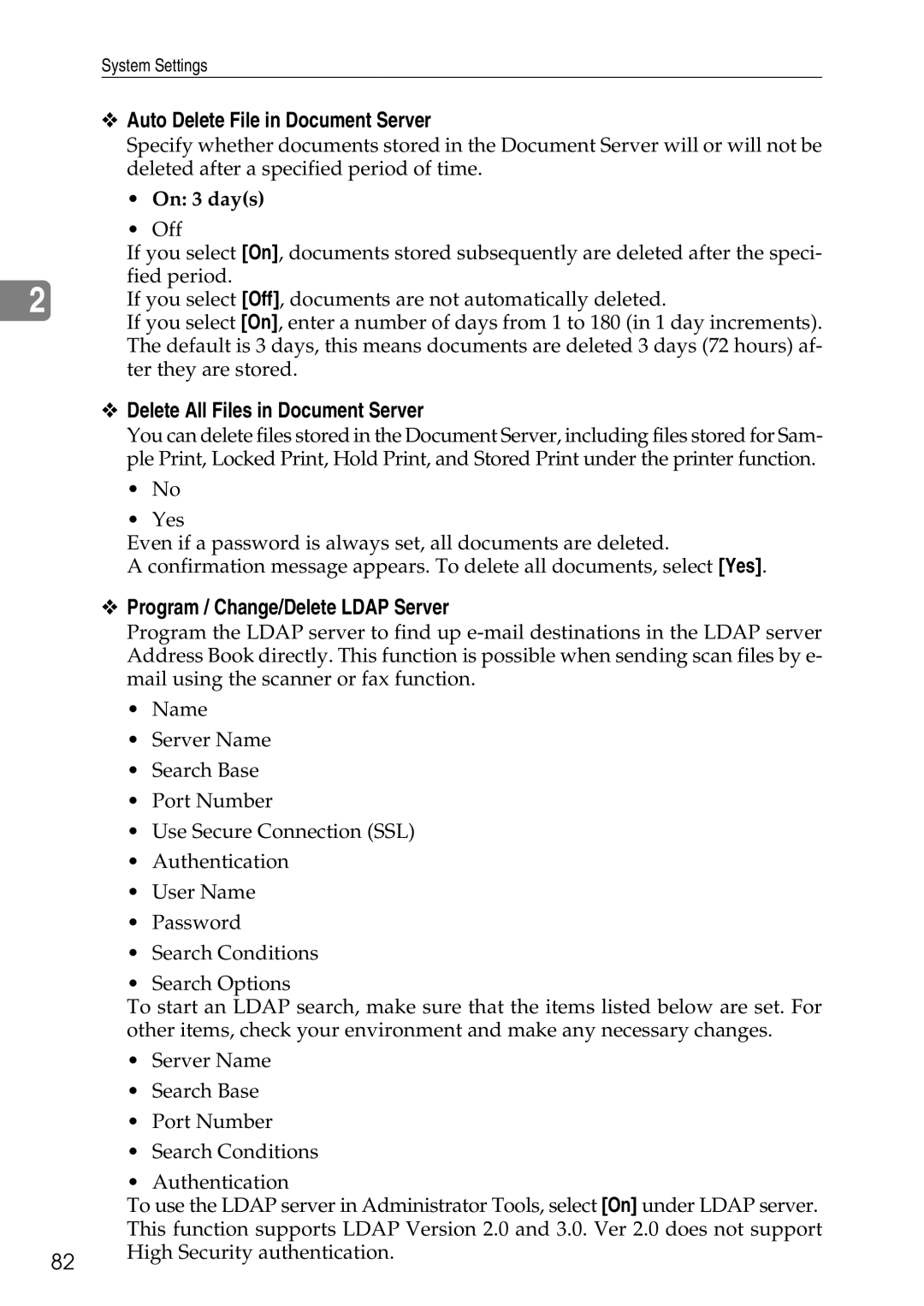 Ricoh LD435c Auto Delete File in Document Server, Delete All Files in Document Server, Program / Change/Delete Ldap Server 