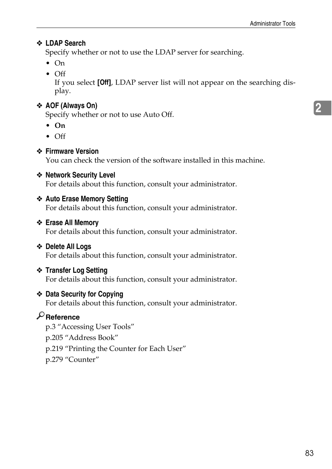 Ricoh LD435c Ldap Search, AOF Always On, Firmware Version, Network Security Level, Auto Erase Memory Setting 