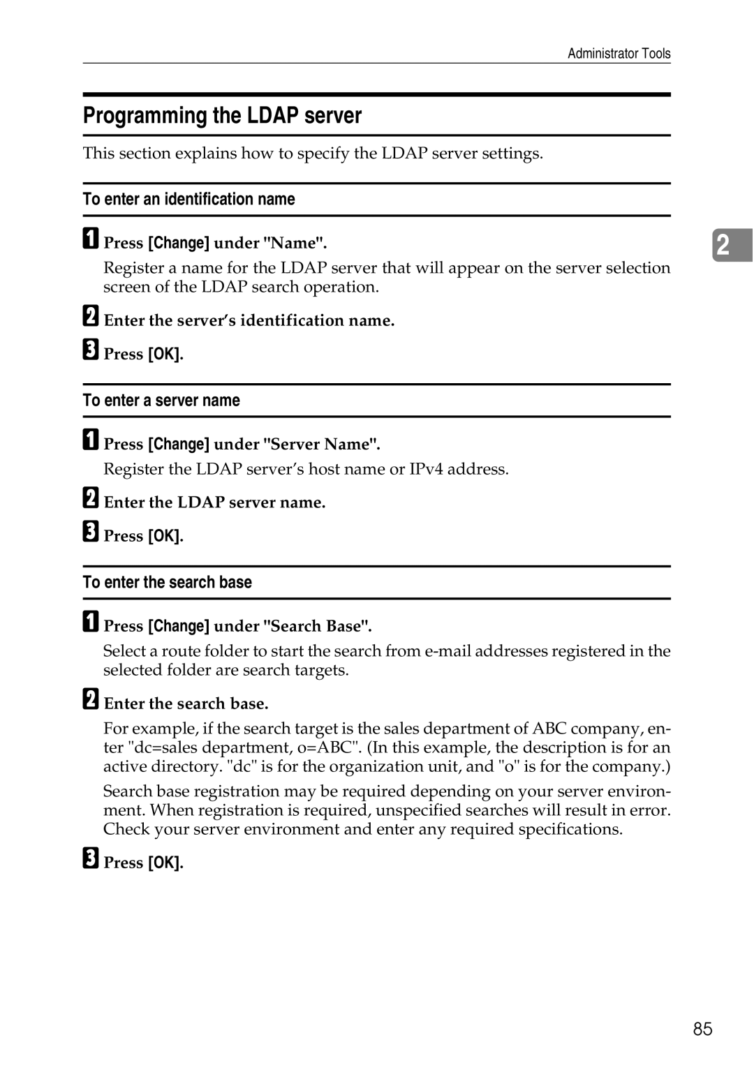 Ricoh LD435c operating instructions Programming the Ldap server, To enter an identification name, To enter a server name 