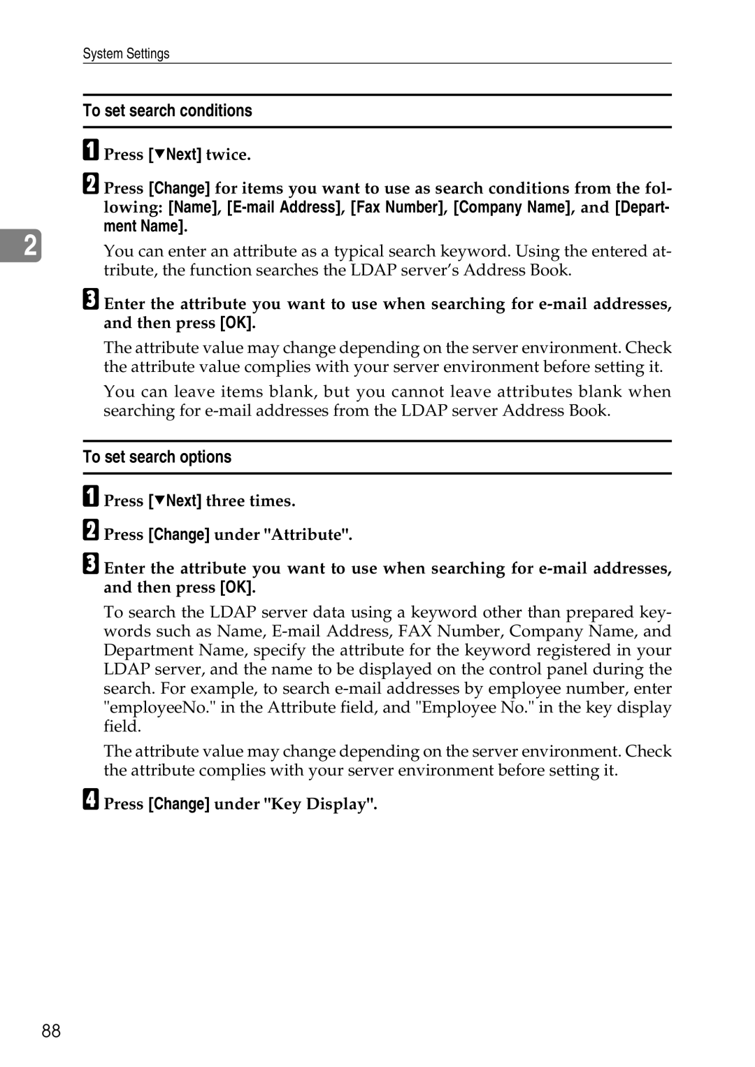 Ricoh LD435c To set search conditions, To set search options, Press TNext twice, Ment Name, Press Change under Key Display 