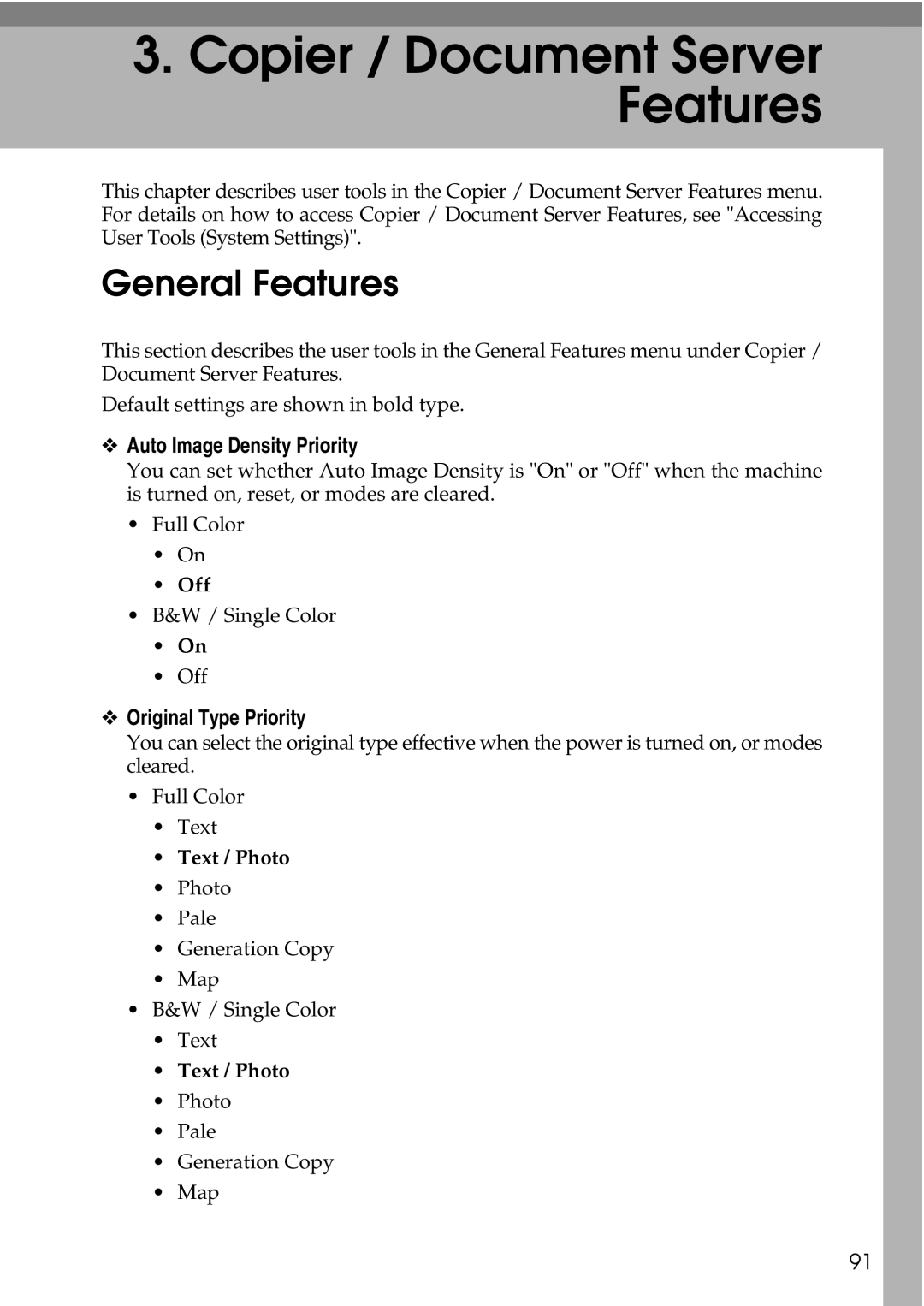 Ricoh LD435c operating instructions Auto Image Density Priority, Original Type Priority, Text / Photo 