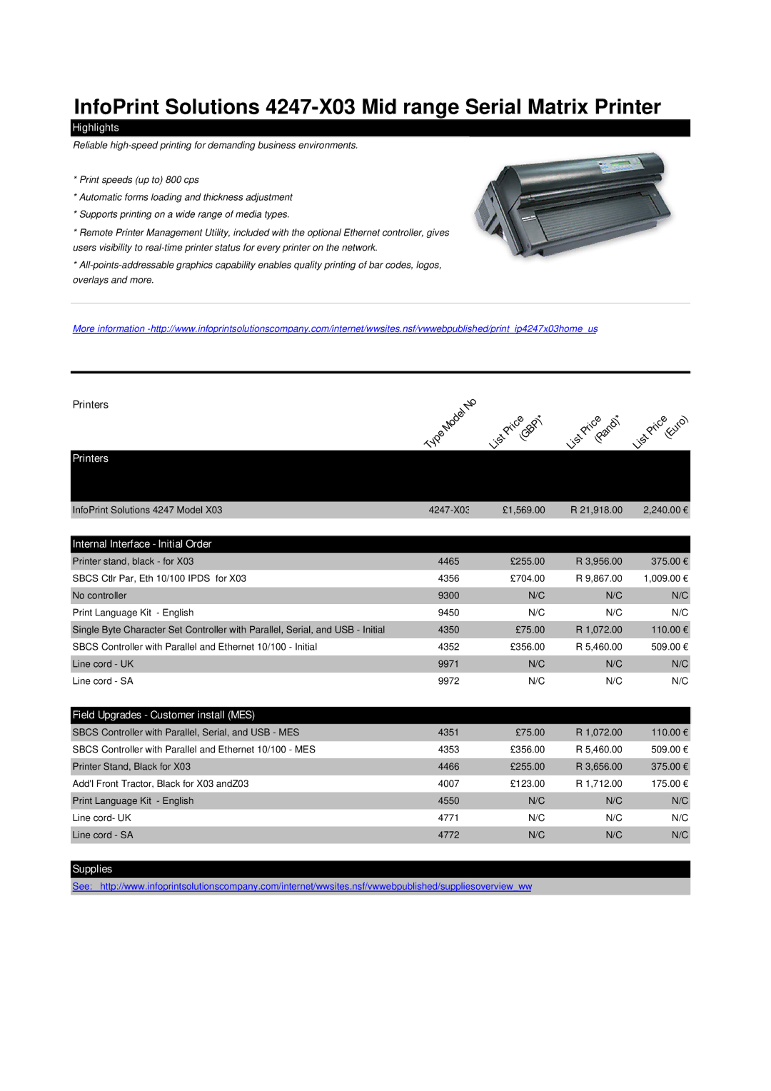 Ricoh M40 manual InfoPrint Solutions 4247-X03 Mid range Serial Matrix Printer 