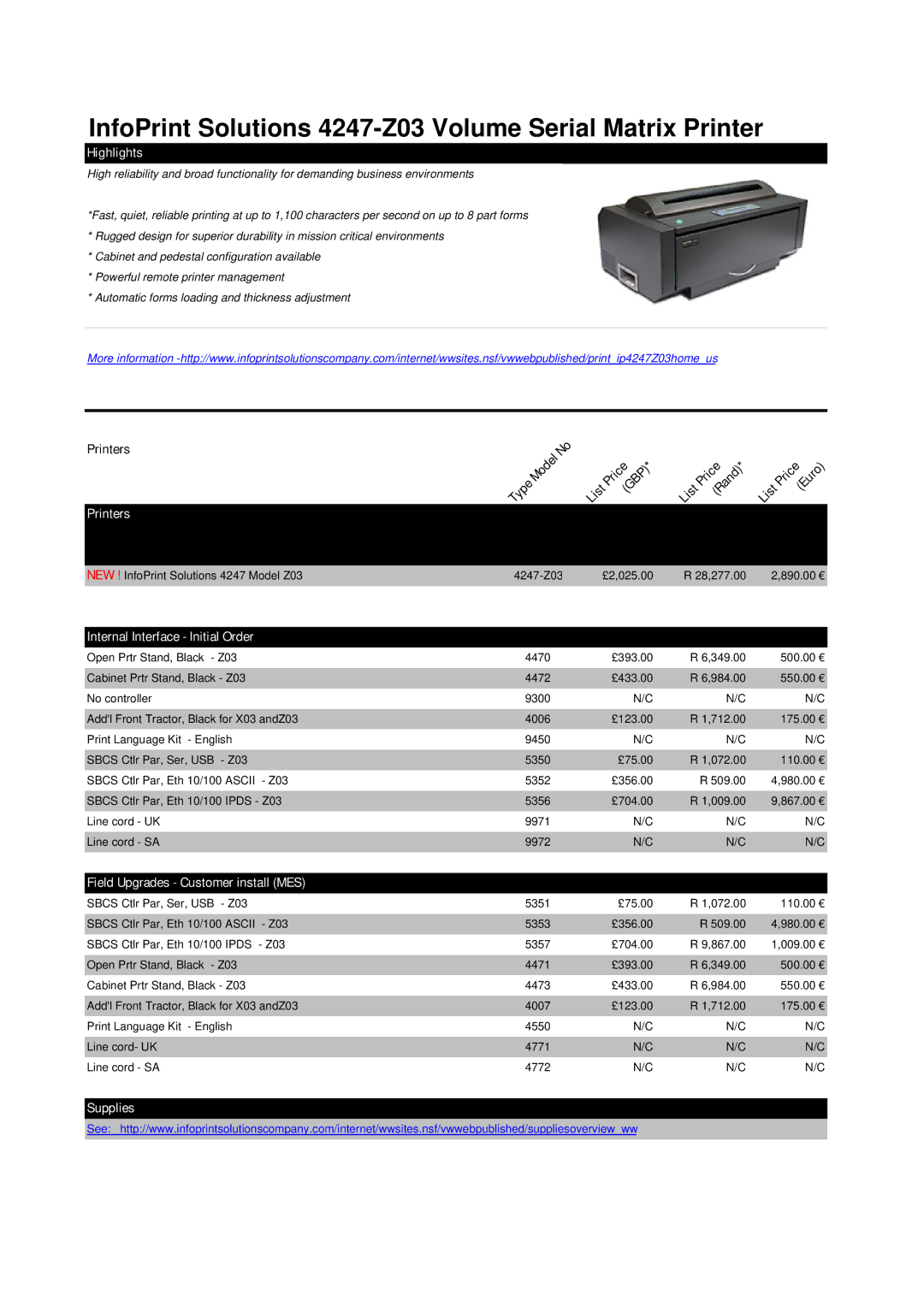 Ricoh M40 manual InfoPrint Solutions 4247-Z03 Volume Serial Matrix Printer 