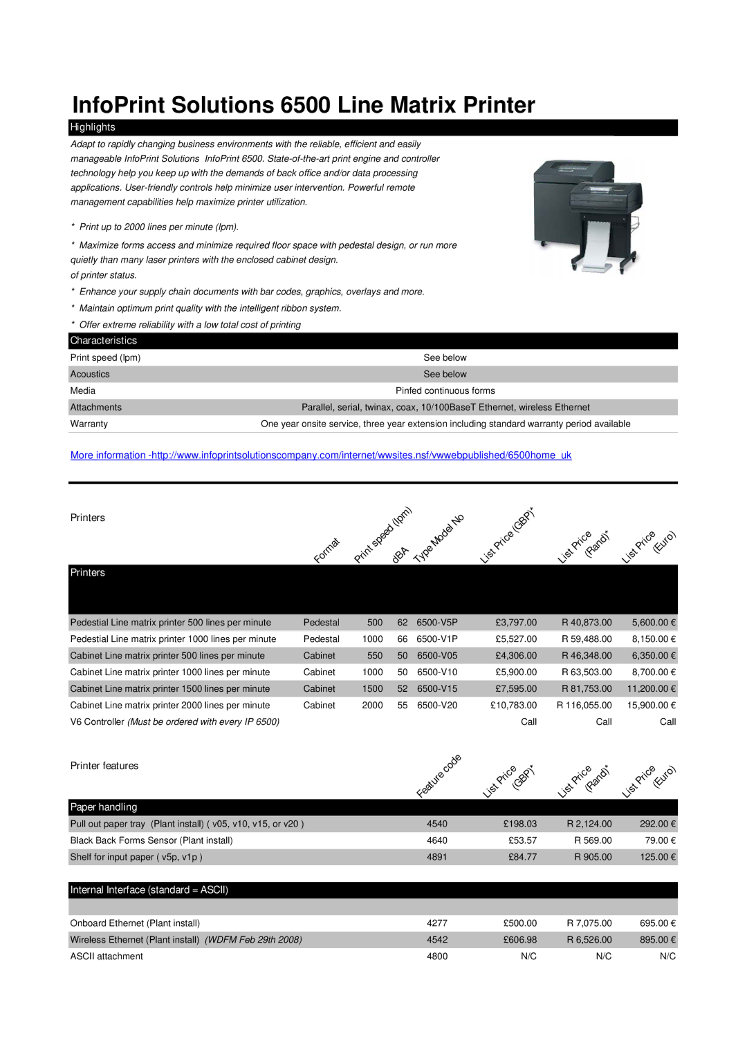 Ricoh M40 manual InfoPrint Solutions 6500 Line Matrix Printer, Characteristics, Printer features, Paper handling 