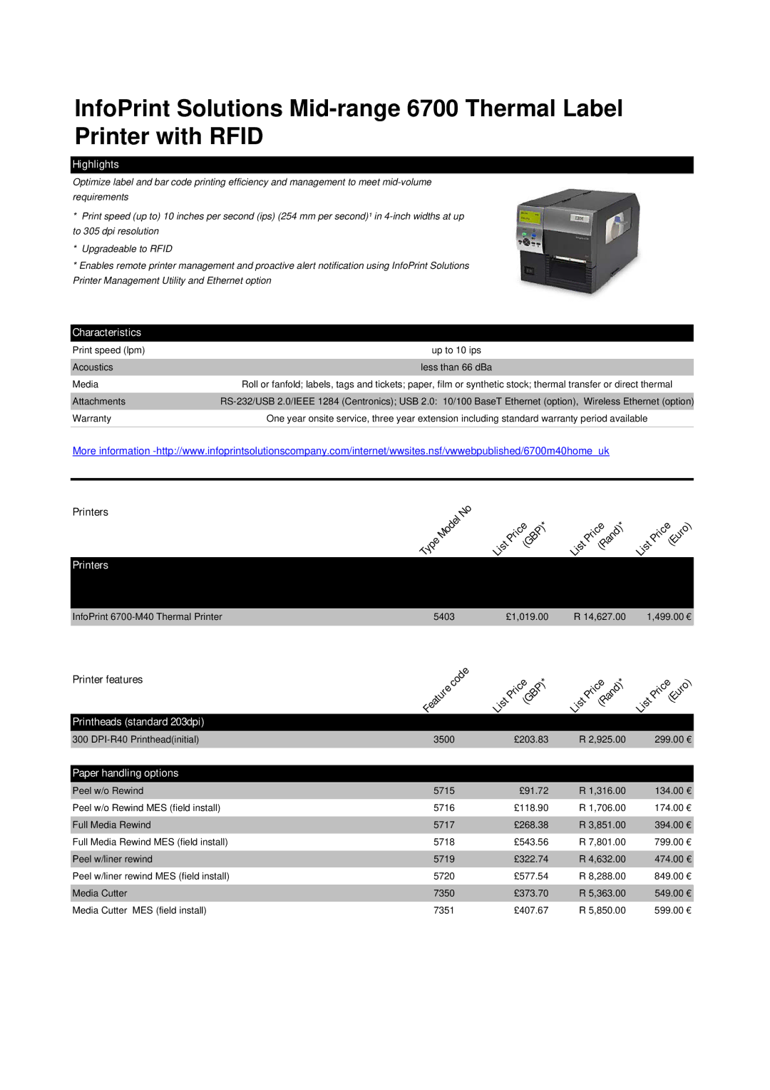 Ricoh M40 manual Printheads standard 203dpi, Paper handling options 