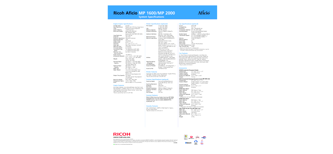 Ricoh MP 1600/MP 2000 specifications Ricoh Aficio MP 1600/MP 